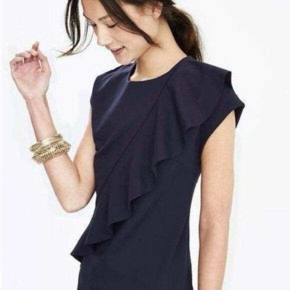 NWT BANANA REPUBLIC Crew Neck Asymmetrical Ruffle Navy Sheath Dress Lined Sz 8P - Picture 2 of 15